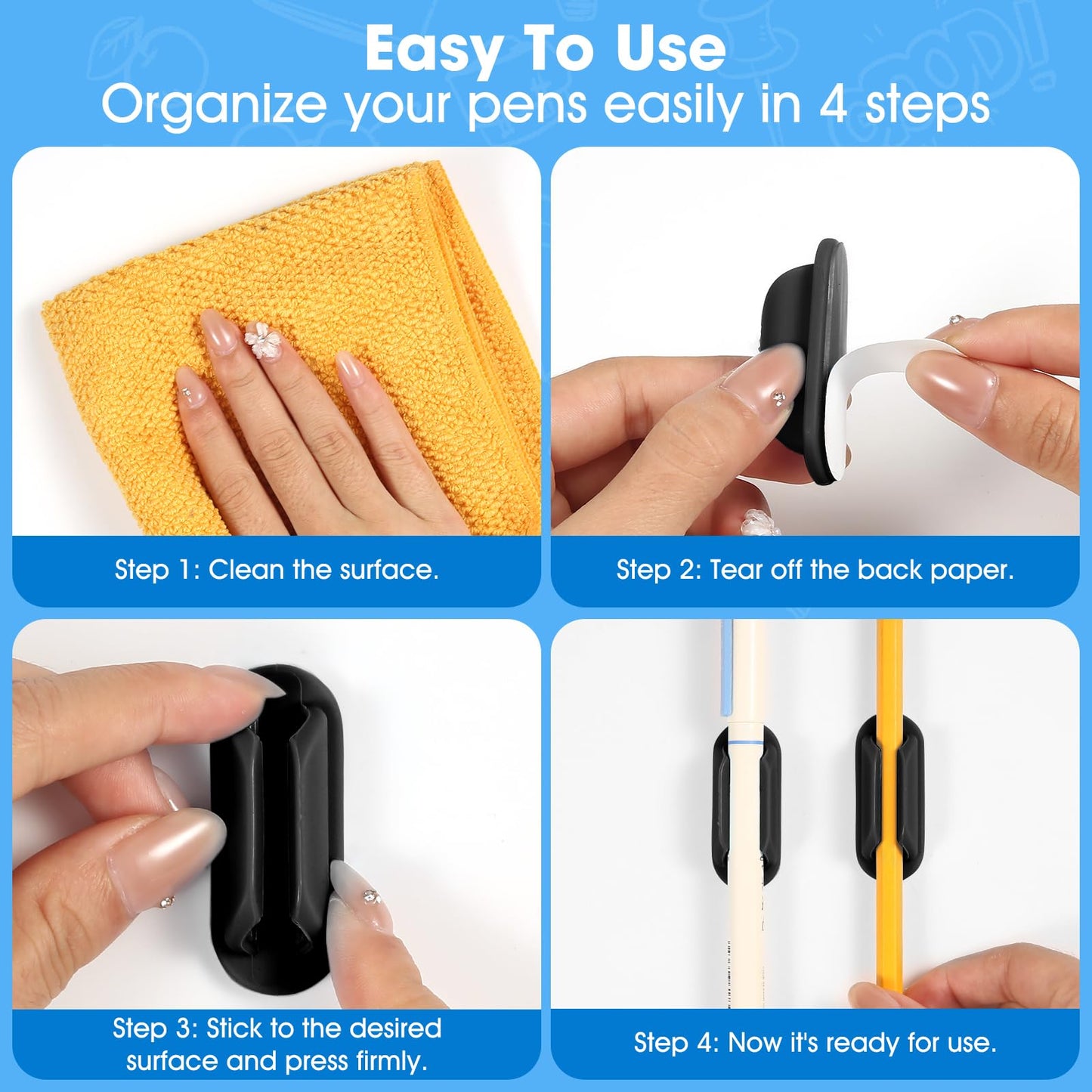 VZZNN 20 PCS Adhesive Pencil Holders, Silicone Marker Organizer for Desk, Notebook, Wall or Clipboard, Reusable Teacher Supplies for Classroom, Office, School Accessories (Black)