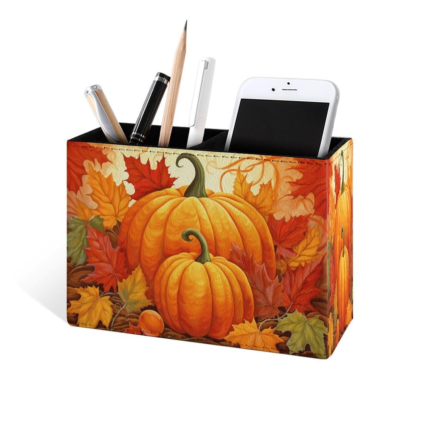 Famame Pumpkin Autumn Harvest Pencil Holder for Desk, Leather Desktop Container Pen Cup Storage Study Table Pen Organizer Makeup Brush Holder for Classroom Office Home