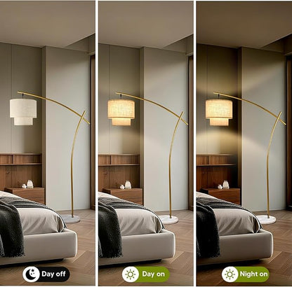Lightdot Arc Floor Lamp for Living Room, Modern Standing Tall Lamps with Double Linen Lampshade, Tall Hanging Pole Lamp with Stable Metal Base & Foot Switch for Bedroom Home Office-Gold