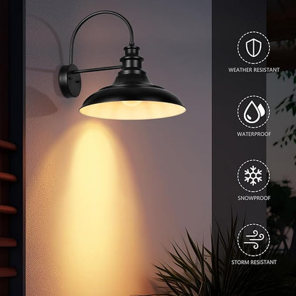 Outdoor Barn Light Fixtures, 16 Inch Large Dome Farmhouse Exterior Wall Mount Lights, Rustic Gooseneck Wall Sconces Indoor Wall Lighting, Industrial Black White Lanterns for Porch, 2 Pack