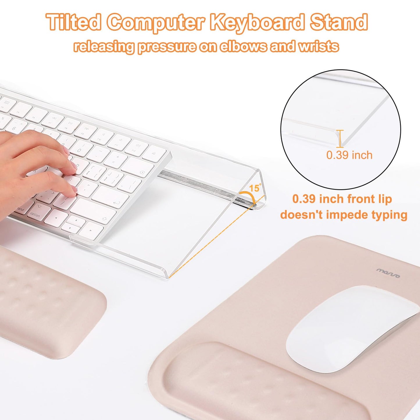 MOSISO Computer Keyboard Stand&Wrist Rest Support for Keyboard &Mouse Pad Set, Ergonomic Massage Wrist Rest Set, Easy Typing Working Acrylic Clear Stand for Office Home, Apricot