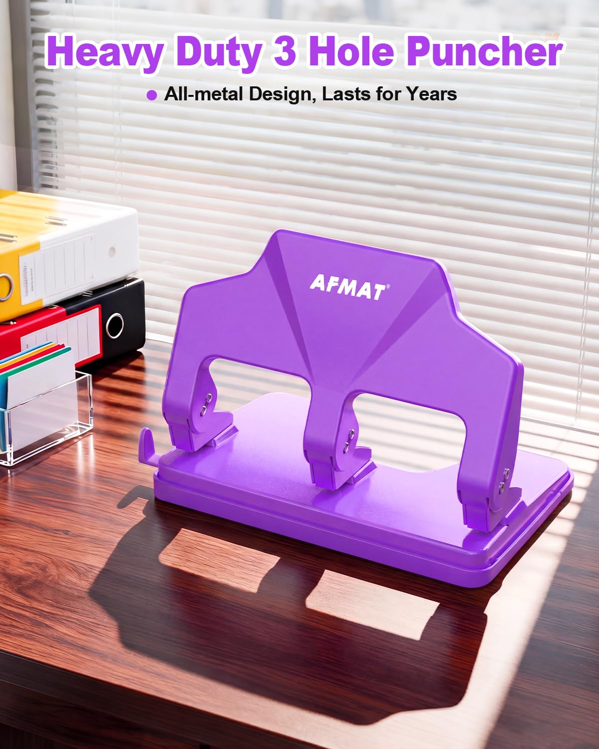 AFMAT 3 Hole Punch Heavy Duty, 40-Sheet Three Hole Punch, 50% Reduced Effort, 3 Hole Puncher for Binder w/Large Chip Tray, 9/32" Holes Diameter, Metal Paper Puncher for Home/Office/School,HP14(Purple)