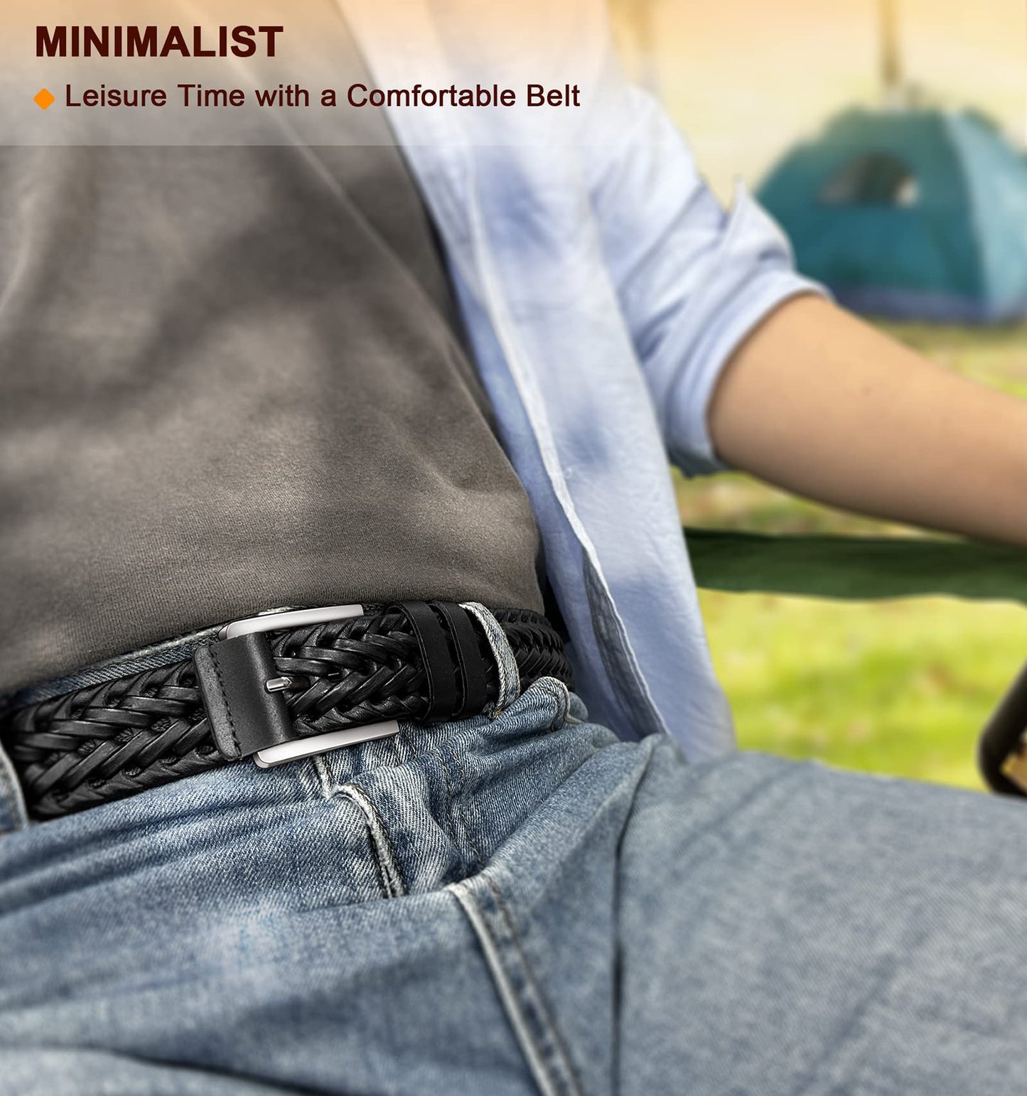 KEMISANT Mens belt 2 Pack, Woven Braided Leather Belt for Men Causal Golf Pants Polo Shirts Matching