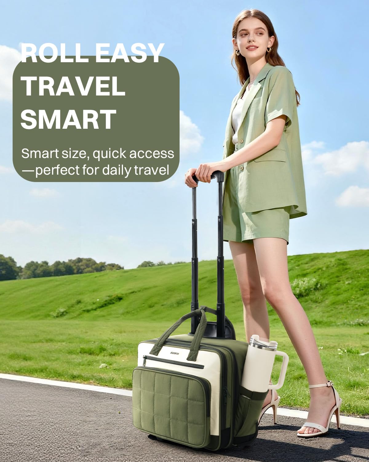AUROTIER Rolling Puffer Laptop Bag, Rolling Briefcase for Women, Wheeled 16 Inch Computer Bag, Water Resistant Stylish Overnight Underseat Carry On Luggage with Wheels for Work Travel Business, Green