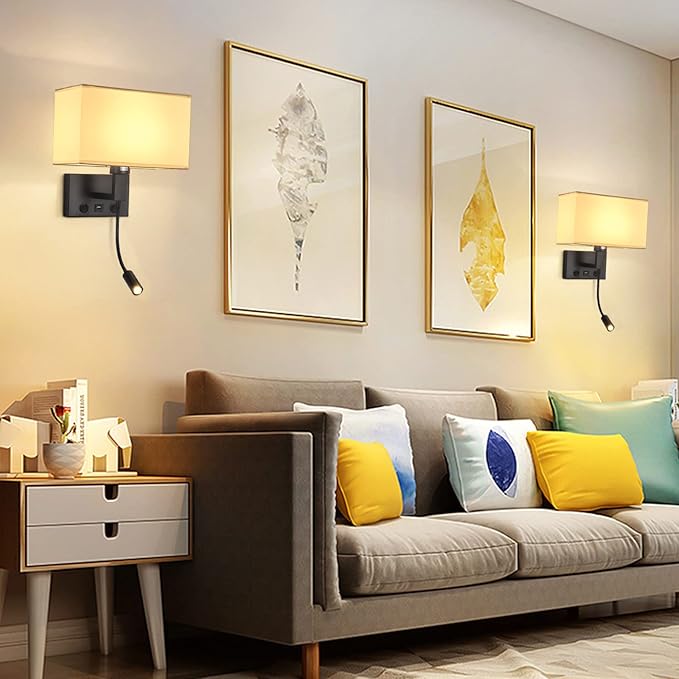 Black Wall Sconces, Hardwired Wall Lamp with USB Port and Reading Lamp, Fabric Shade Bedside Wall Lights with Reading Lamp for Bedroom Living Room Hotels Corridors (Black)