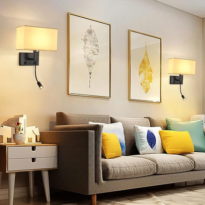 Black Wall Sconces, Hardwired Wall Lamp with USB Port and Reading Lamp, Fabric Shade Bedside Wall Lights with Reading Lamp for Bedroom Living Room Hotels Corridors (Black)