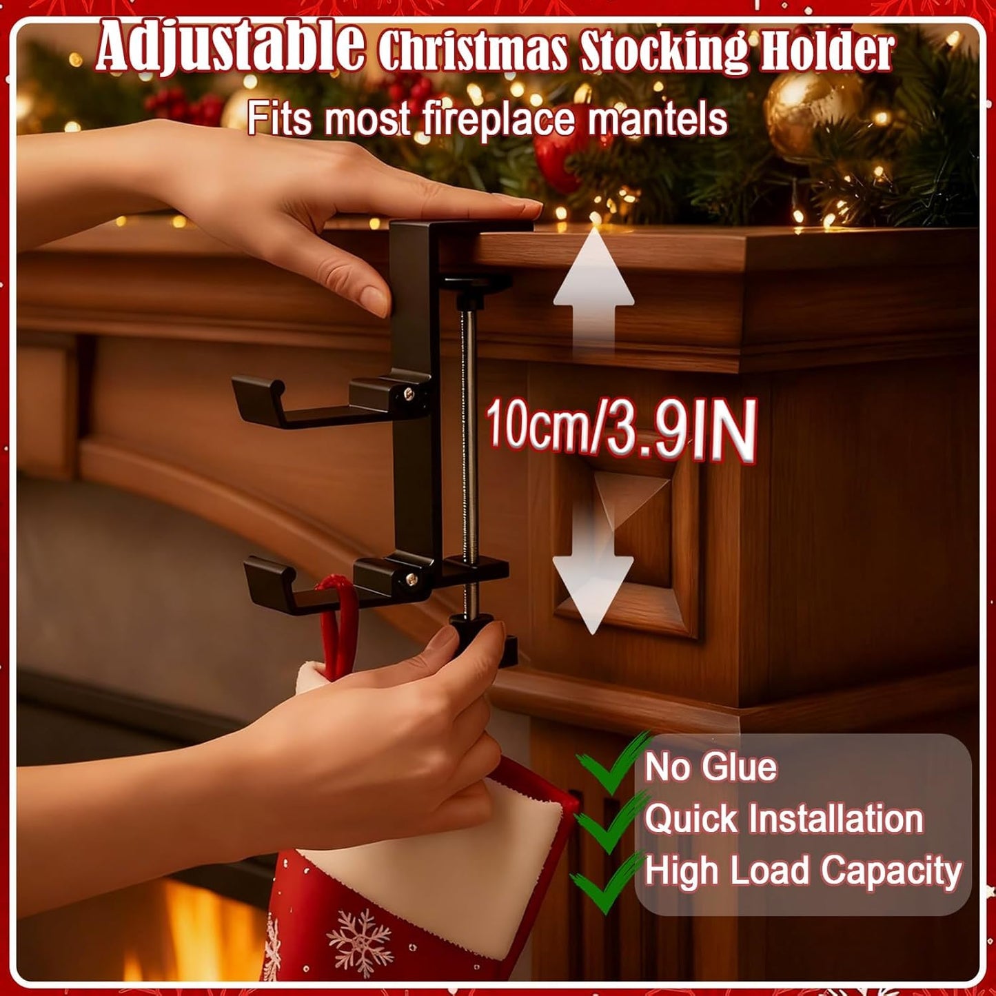 Clarmonde 4 Pack Stocking Holders for Mantle for Christmas Decorations,2 in 1 Mantle Garland Holder for Hanging Christmas Stockings,No Drilling Required & Adjustable Garland Hanger, Metal (4 Black)