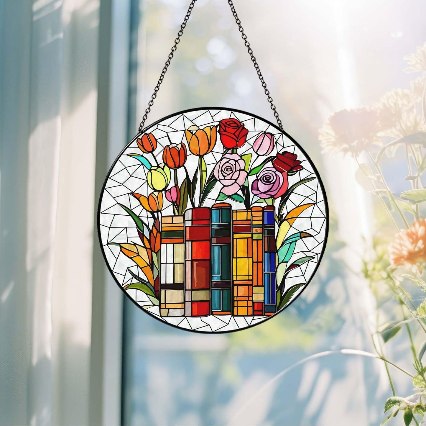 RVEAFA Flower Book Stained Glass Window Hanging 6'' Sun Catcher Book Club Lover Gifts for Women Reading Room Decor Handmade SunCatcher Decoration for Garden Home Bookish Library Decor