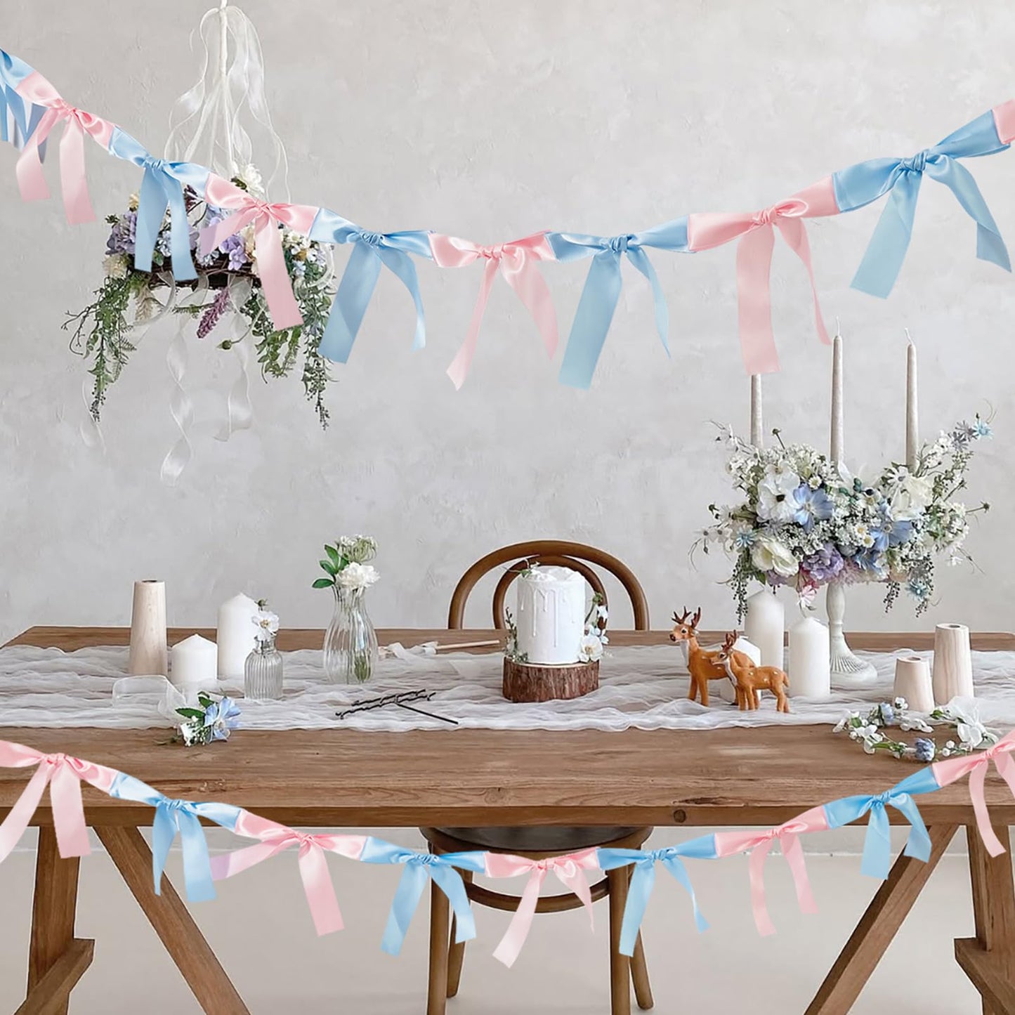 Eanjia Gender Reveal Bow Knot Garland |6ft Gender Reveal Party Decor with 3ft Extend Ribbon Pre-Assembled Satin Ribbon Banners with Baby Pink/Blue Bows Baby Shower No DIY Needed (Pink & Blue, 6ft)