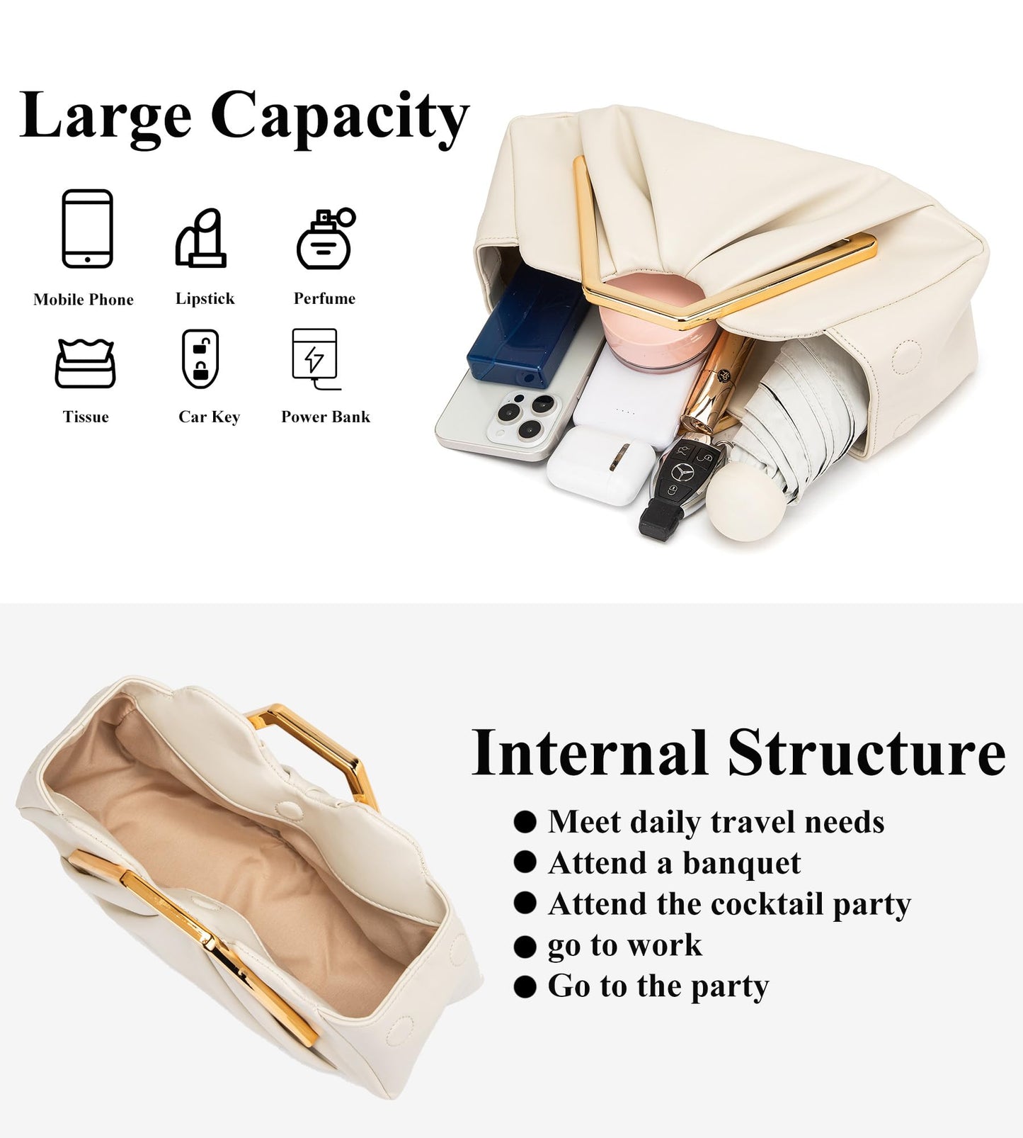 myfriday Women's Elegant Ruched Clutch Purse, Soft Dumpling Evening Purse Handbags for Wedding Prom Party Formal Events (Beige)