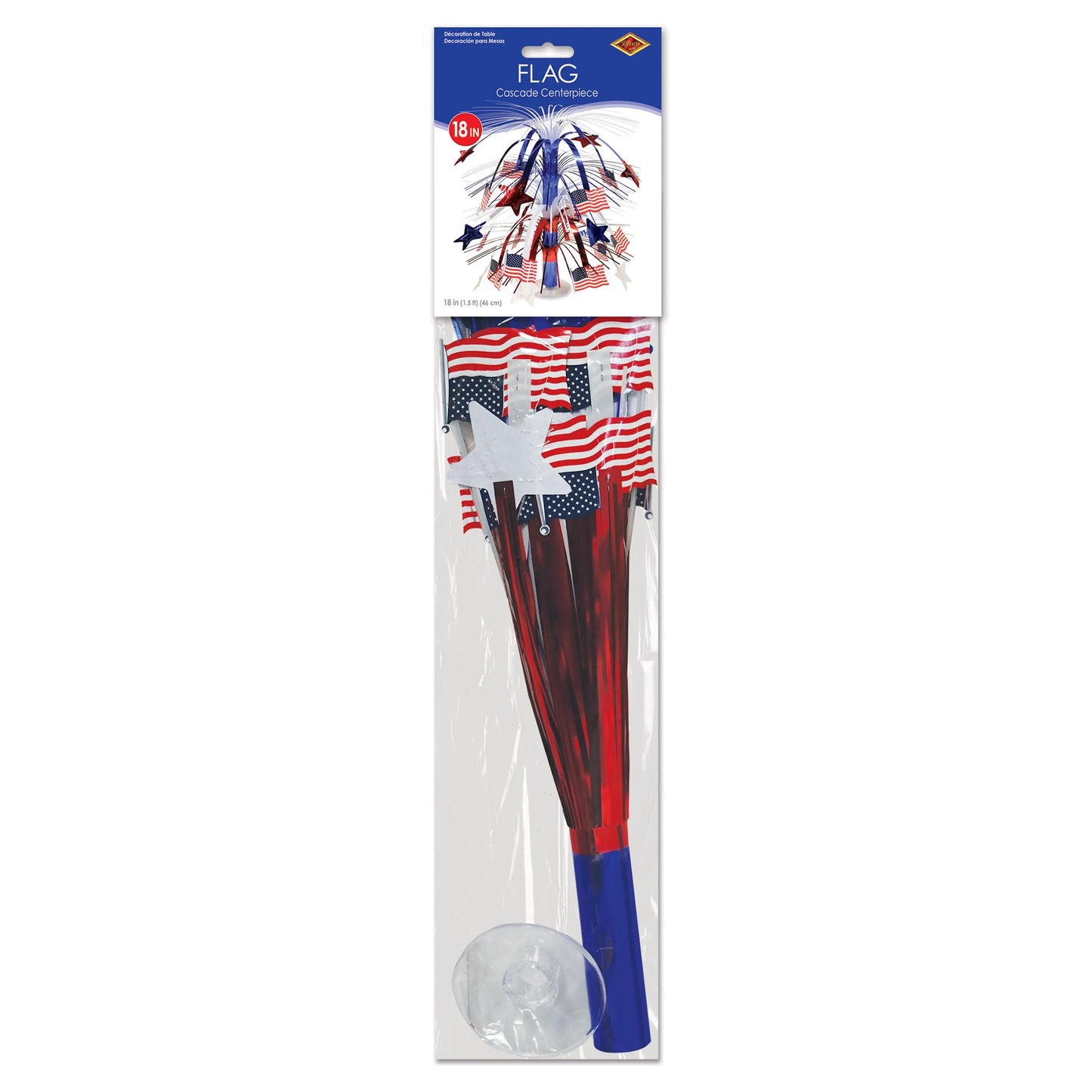 Beistle Patriotic Flag Cascade Centerpiece, Red White and Blue Metallic Decoration with American Flags for 4th of July, Memorial and Veterans Day, and Patriotic Party Tables, 18”