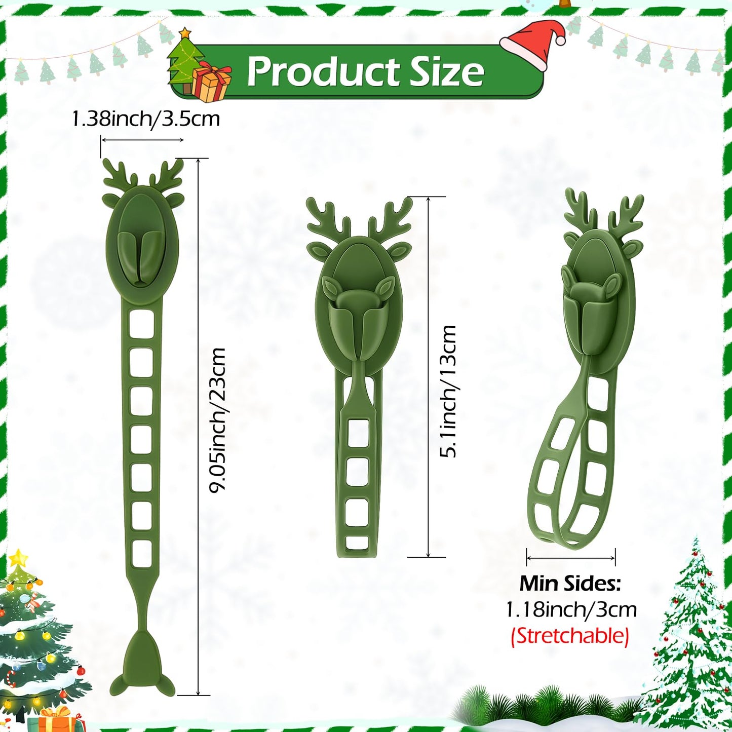 YIBOBO 18 Pcs Christmas Garland Hangers with Locking Buckle, Reindeer Design Adhesive Hooks for Stair Railing Fireplace Mantle Door, Reusable Silicone Stocking & Ornament Holders, Green (Deer, 18)