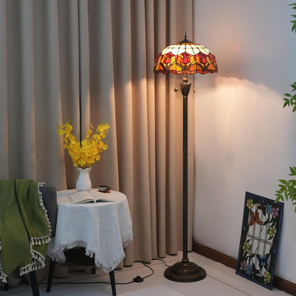 Blivuself Tiffany Floor Lamp Red Tulip Style Stained Glass Standing Reading Light 16X16X64 Inches Antique Unique Pole Corner Tall Decor Lamp for Bedroom Living Room Home Office