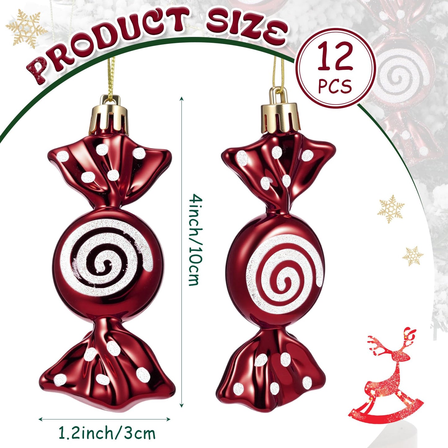 Threan 12 Pcs Christmas Candy Ornaments for Tree Decoration Hanging Glitter Candy Cane Christmas Peppermint Ornament with Golden Rope for Xmas Holiday Decoration(Burgundy,Plastic)