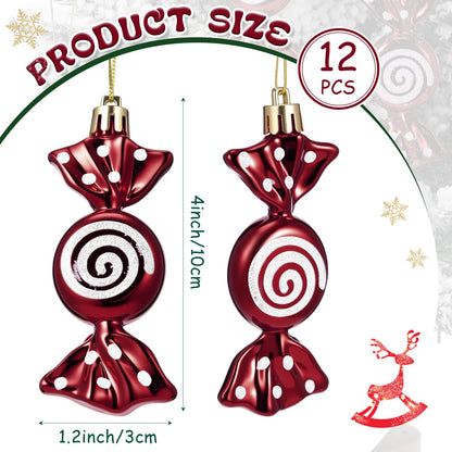 Threan 12 Pcs Christmas Candy Ornaments for Tree Decoration Hanging Glitter Candy Cane Christmas Peppermint Ornament with Golden Rope for Xmas Holiday Decoration(Burgundy,Plastic)