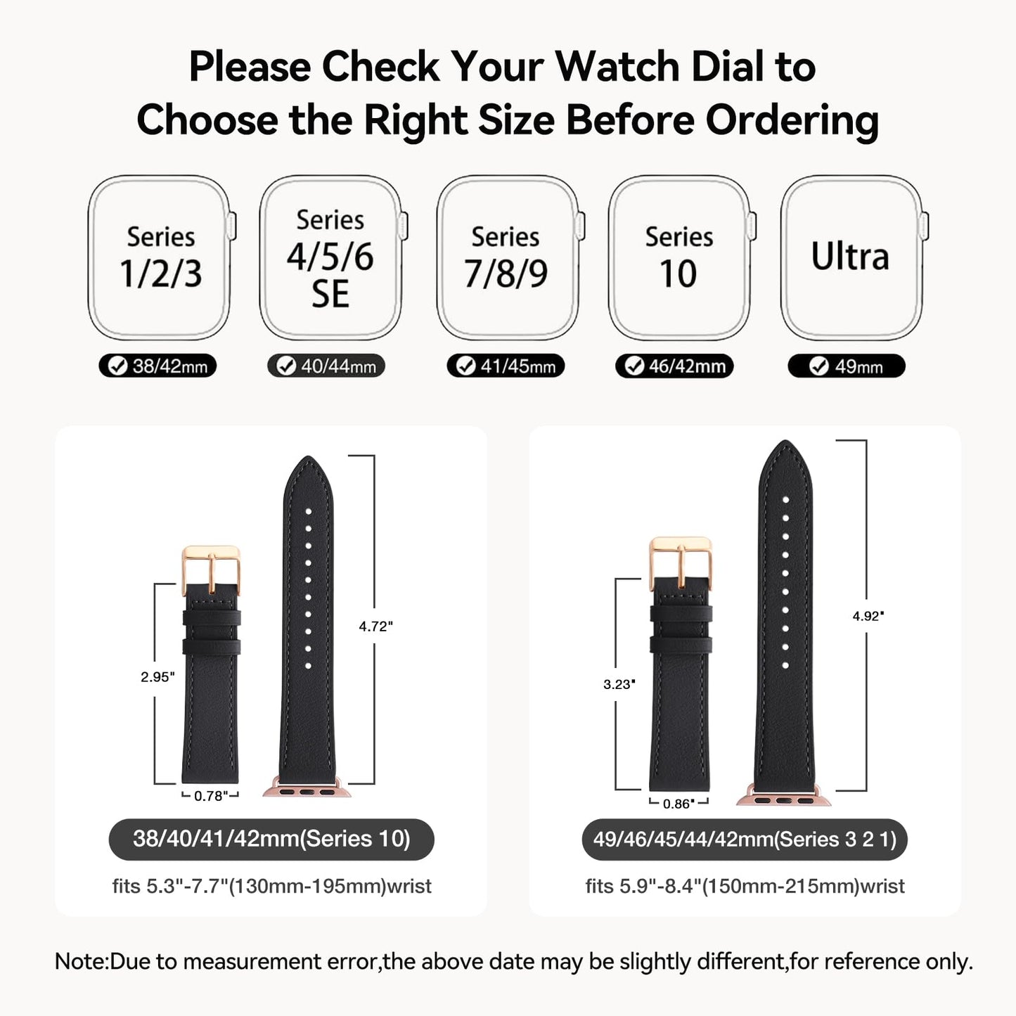 Bestig Leather Bands Compatible with Apple Watch Band 38mm 40mm 41mm 42mm(Series 10 11) for Women Men, Wristband Strap for iWatch SE3/2/1&Series 9 8 7 6 5 4 3 2 1(Black+Rose Gold)