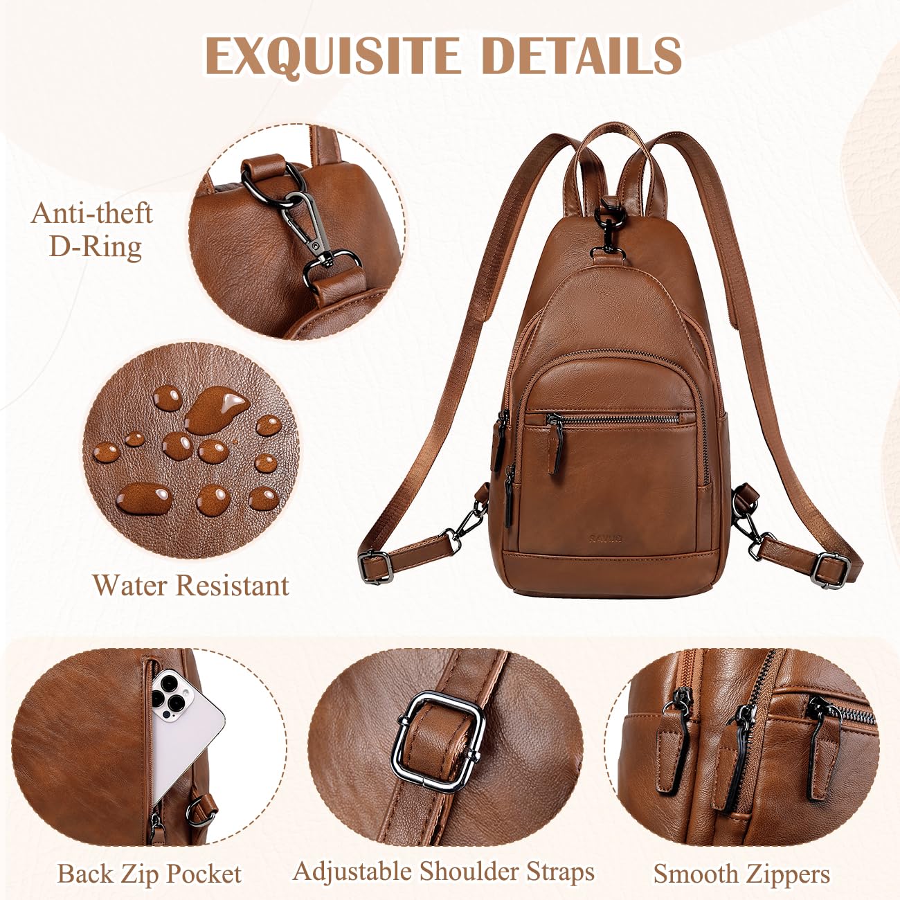 RAVUO Backpack Purse for Women, Anti Theft Sling Crossbody Bag Ladies Convertible Shoulder Daypack Casual Chest Bag for Travel Hiking College,Brown