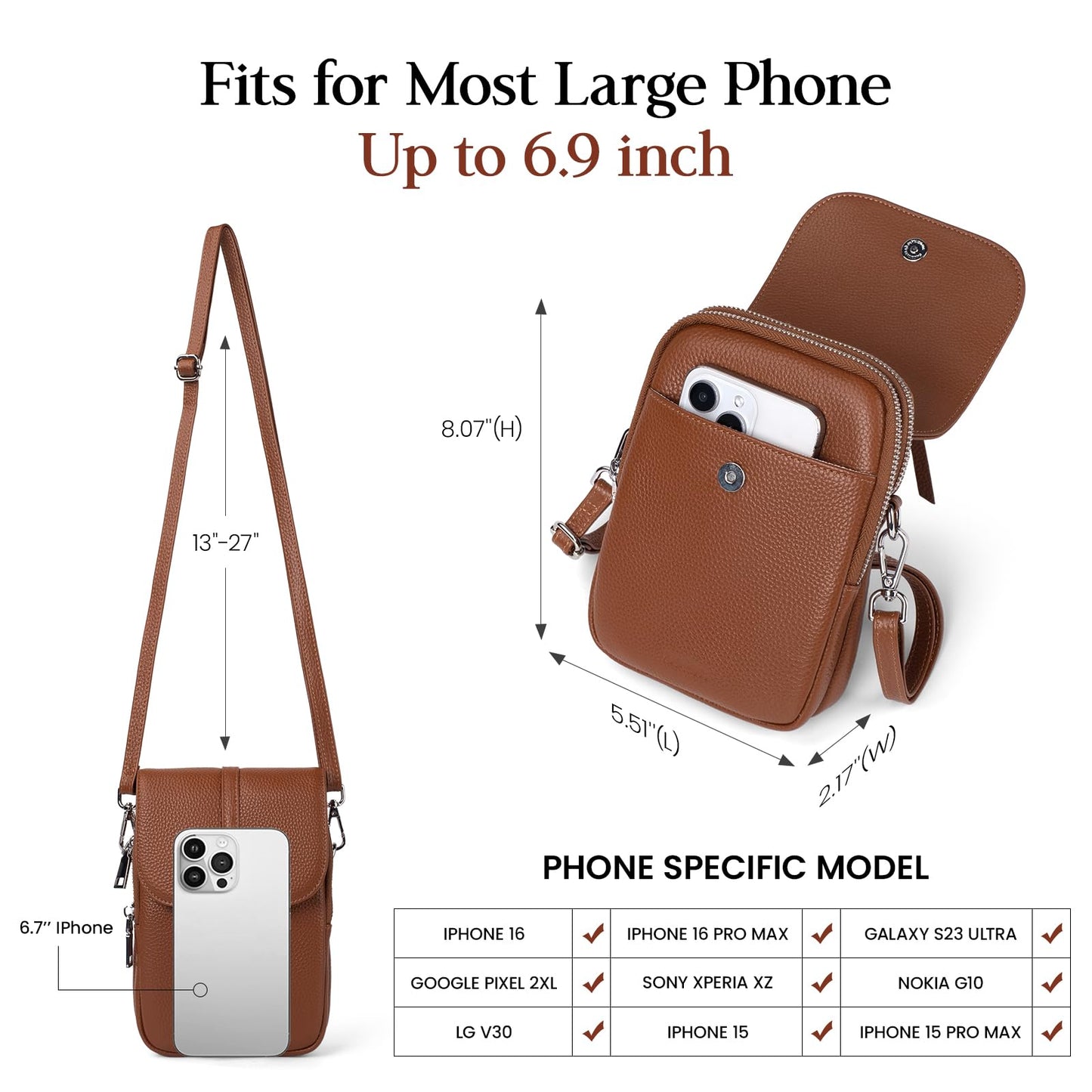 befen Genuine Leather Crossbody Bags for Women, Small Leather Shoulder Purse for Women with RFID Blocking Card Slots, Trendy Brown Cell Phone Wallet Purses for Travel and Daily Use, Cognac Brown