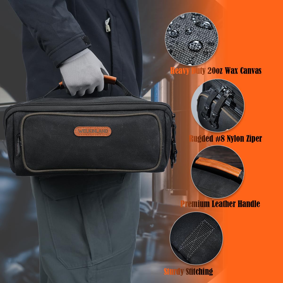 WELKINLAND LayFlat Tool Pouch Organizer, 13-Inch Small Tool Bag, Heavy-Duty Waxed Canvas Tool Pouch, 5-Pocket Small Tool Bags with Zipper, Wide-Open Electrician Tool Bag