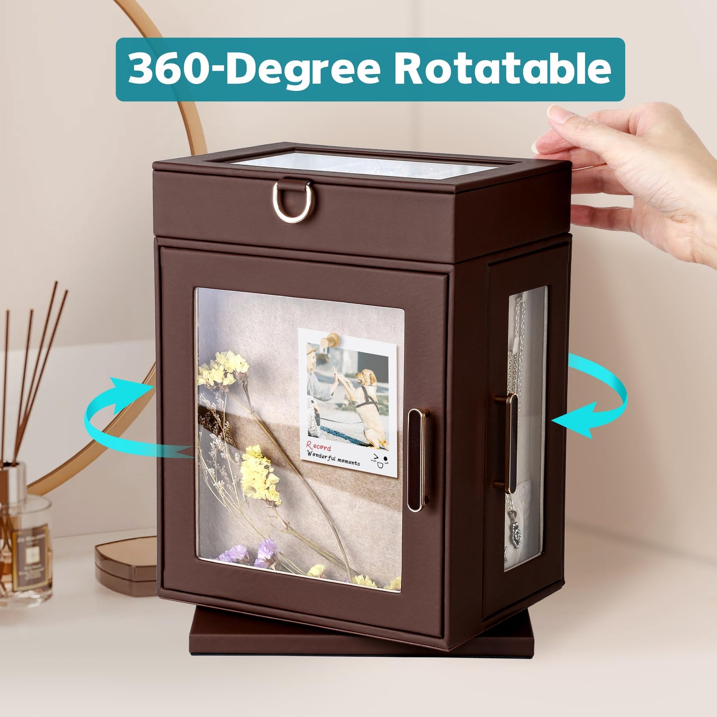 Kendal 360° Rotating Jewelry Box - Brown PU Leather Jewelry Organizer with Shadow Box & Pinboard, Detachable Top Tray, Drawers & Push Pins for Personalized Accessory Display & Storage