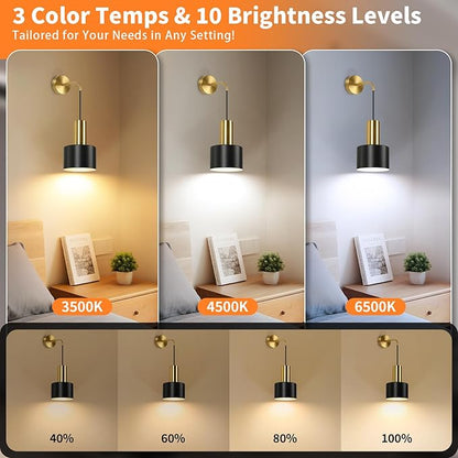 VerRon Rechargeable Battery Operated Wall Sconce Set of Two, Gold & Black Wireless Battery Powered Lights with Dimmable Detachable Bulbs & Remote, Modern Sconces Wall Decor for Bedroom Living Room
