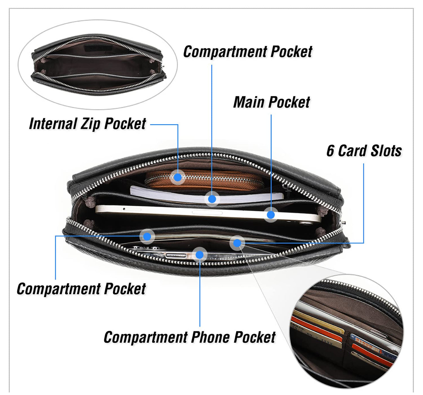 Top Grain Genuine Leather Handbag Wallet for Man & Woman, Handmade Retro Design, Combination Lock & Retractable Hand Strap & Multi Pockets/Slots, Portable RFID for Cards/Checks/Phone/Banknote, Black