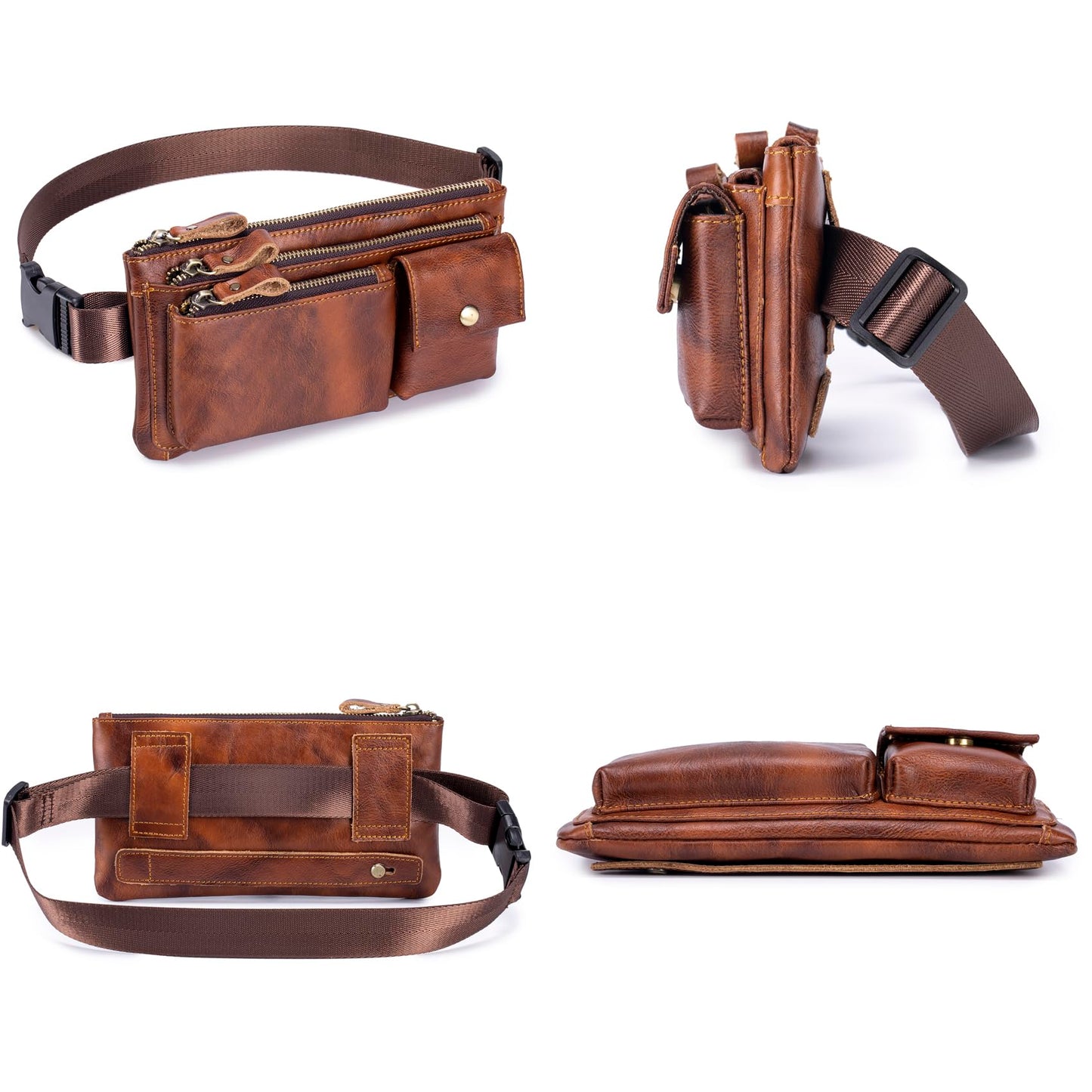 Myunxui Genuine Leather Fanny Pack Waist Bag for Men Women Clutch Bag Hip Bum Travel Pouch Sling Crossbody Chest Bags Shoulder Daypack Multiple Pockets Waist Pack Brown