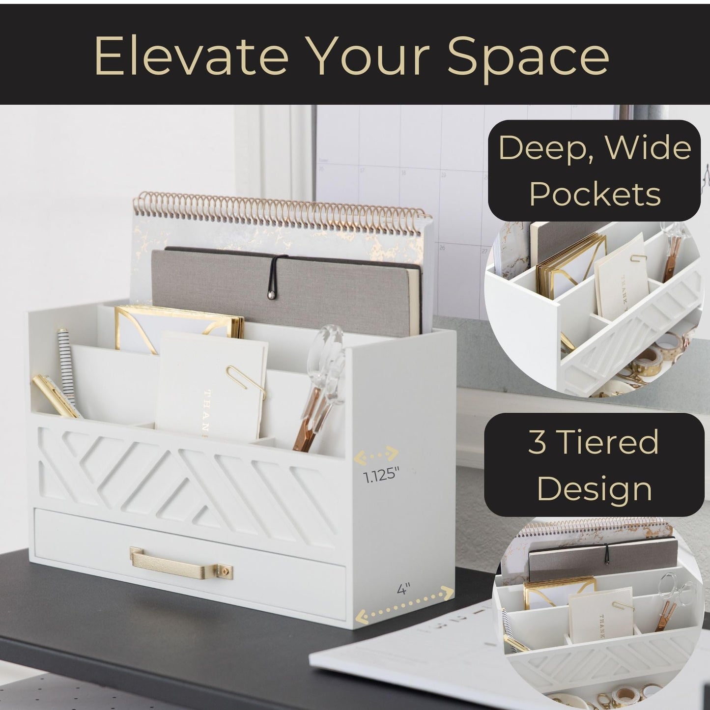 BLU MONACO | White Wooden Mail Organizer with Drawer & Gold Handle | Mail Sorter Organizer Countertop | Tabletop Organizer with Drawers & Outgoing Mail Holder
