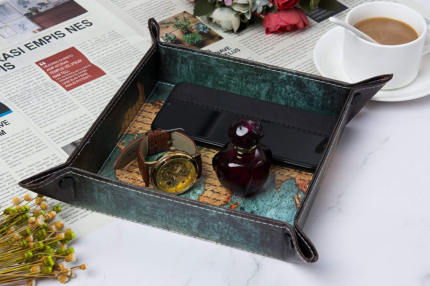 siduater Valet Tray Desktop Storage Organizer, Vegan Leather Catchall Bedside Vanity Tray Nightstand Caddy Holder for Remote Controller, Watch, Keys, Phone, Wallet, Sunglasses, Jewelry - Map