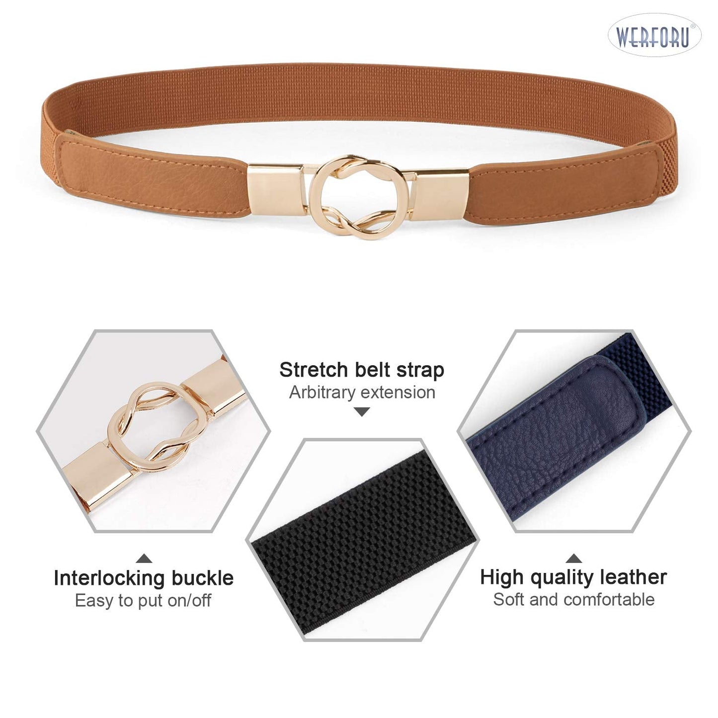 WERFORU Women Skinny Belt for Dresses Retro Stretch Waist Belt with Gold Buckle Set of 4,Black+Brown+Blue+Beige