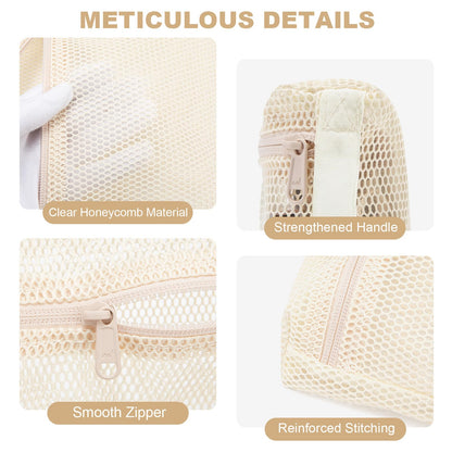 NOL Natural Organic Lifestyle 3-Pack Mesh Travel Toiletry Bags - Clear Zipper Travel Organizer, Airport Carry-On Compliant Reusable Cosmetic Makeup Bag for Women & Men (Cream)