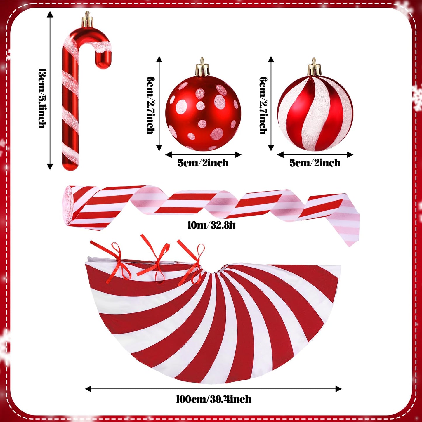 Shappy 38 Pcs Christmas Tree Ornaments Sets, Candy Cane Red White Stripes Xmas Tree Hanging Decorations, Plastic Xmas Ball Variety Shapes with Ribbon New Year Holiday Party Supplies(Cute,39.4'')