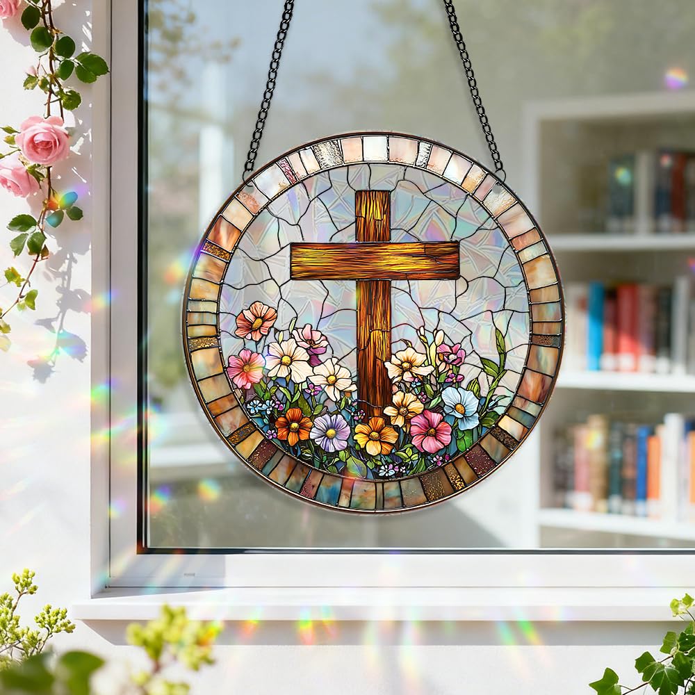 zhuoyaju Acrylic Suncatcher Window Hanging, Cross Sun Catcher Rainbow Indoor Window Decoration for Living Room Bedroom, Summer Home Balcony Ornaments Deco, 7.87 x 7.87 inches