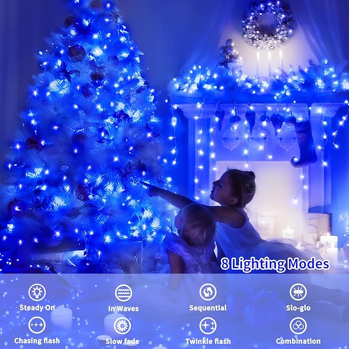 JXLEDAYY 200 FT 500 LED Christmas Lights Outdoor Fairy Lights Plug in Extra Long String Lights Clear Wire Waterproof 8 Modes Timer for Outside House Tree Garden Yard Wedding Party Decorations-Blue
