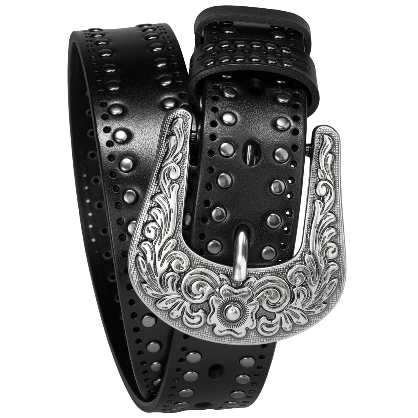 Womens Western Leather Belts 35mm Studded Belt with Vintage Silver Buckle