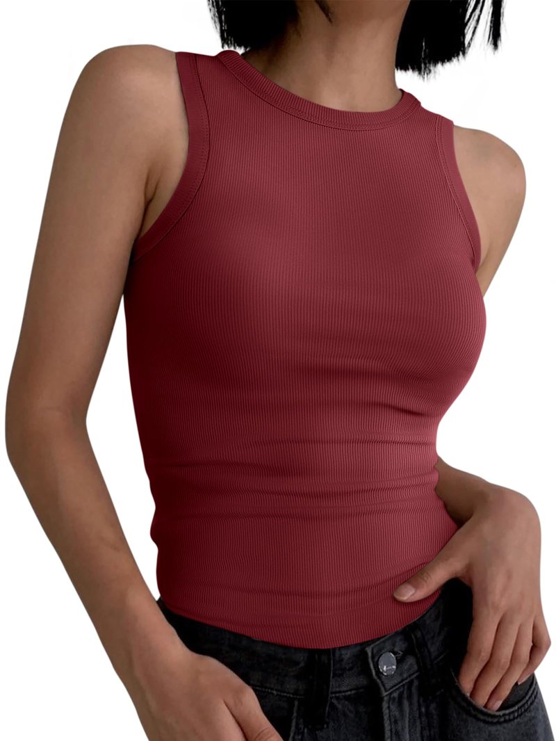 ANRABESS Womens Sleeveless High Neck Tank Tops Fashion Summer Casual Basic Slim Fit Ribbed Racerback Top Shirt Clothes Burgundy Small