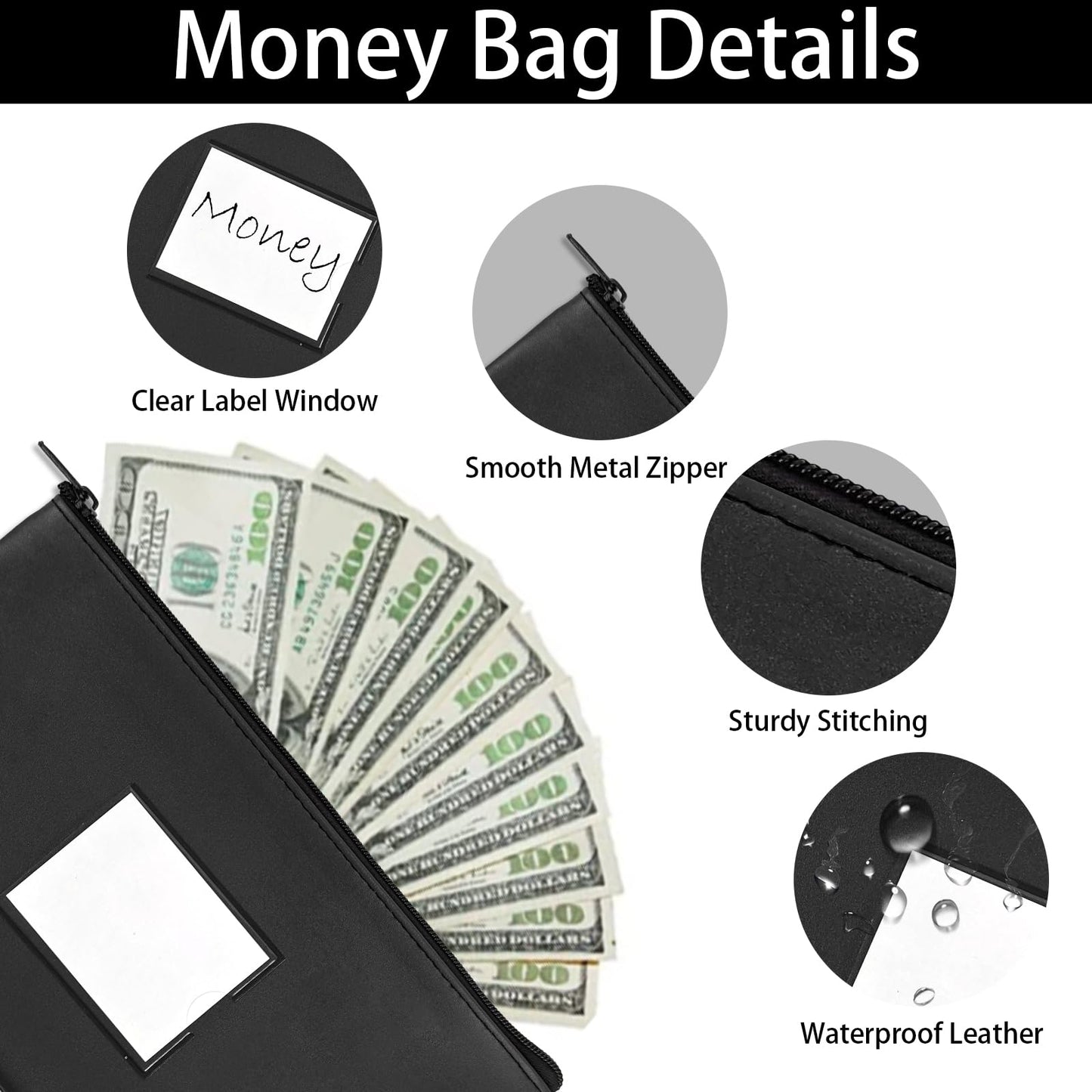VOCHIC 6 Pieces Money Bags with Zipper, Money Pouch,PU Bank Deposit Bags, Bank Bag, Cash Wallet Pouches with Label for Coins, Cosmetics, School Gifts,Invoice, Bills, Tools, Receipt Holder,11x6.1 inch