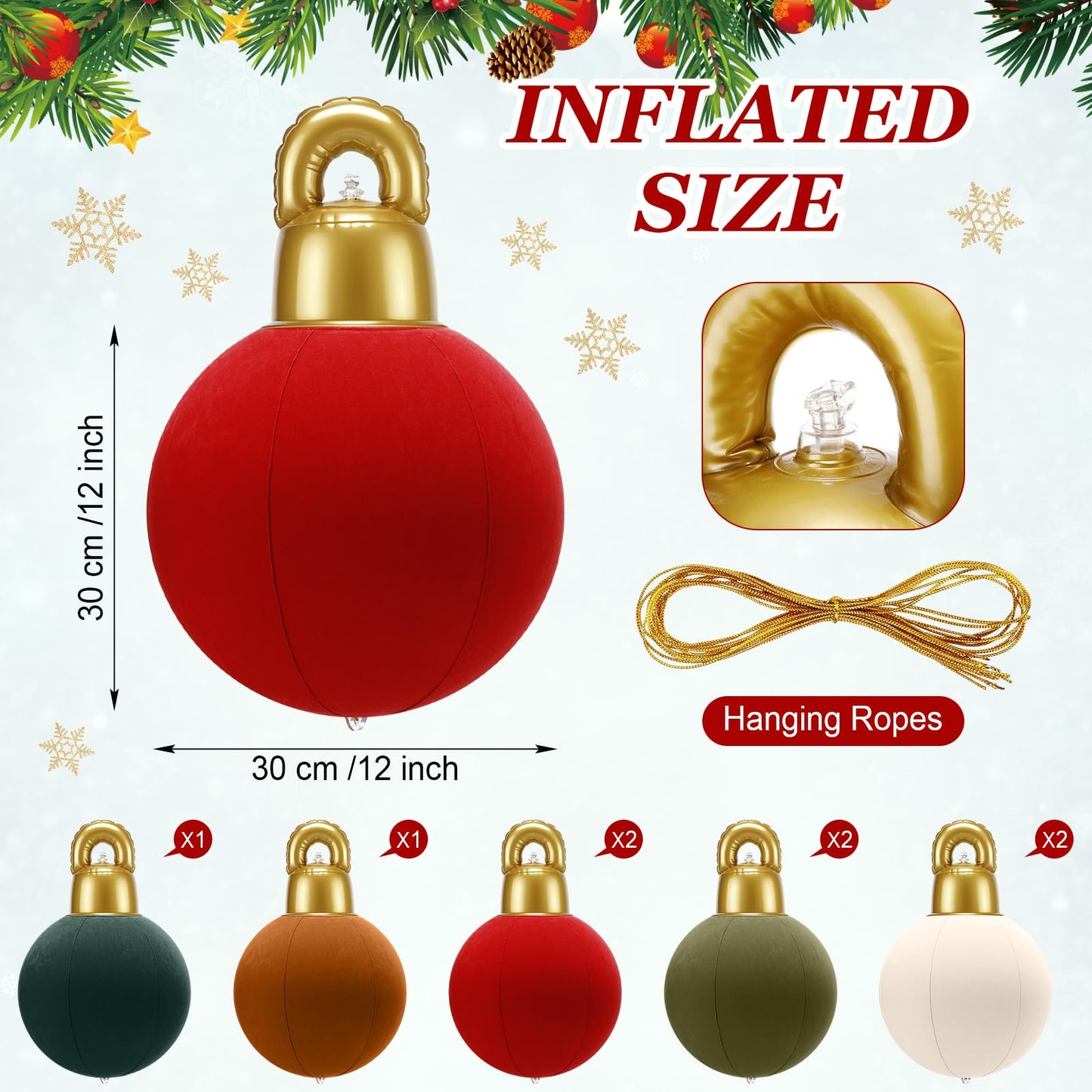 Jetec 8 Pcs Velvet Christmas Inflatable Ball Giant PVC Inflatable Flocked Christmas Balls Ornament Large Xmas Outdoor Decorations for Yard Lawn Porch Garden Front Door Window(12 Inch,Red, Green)