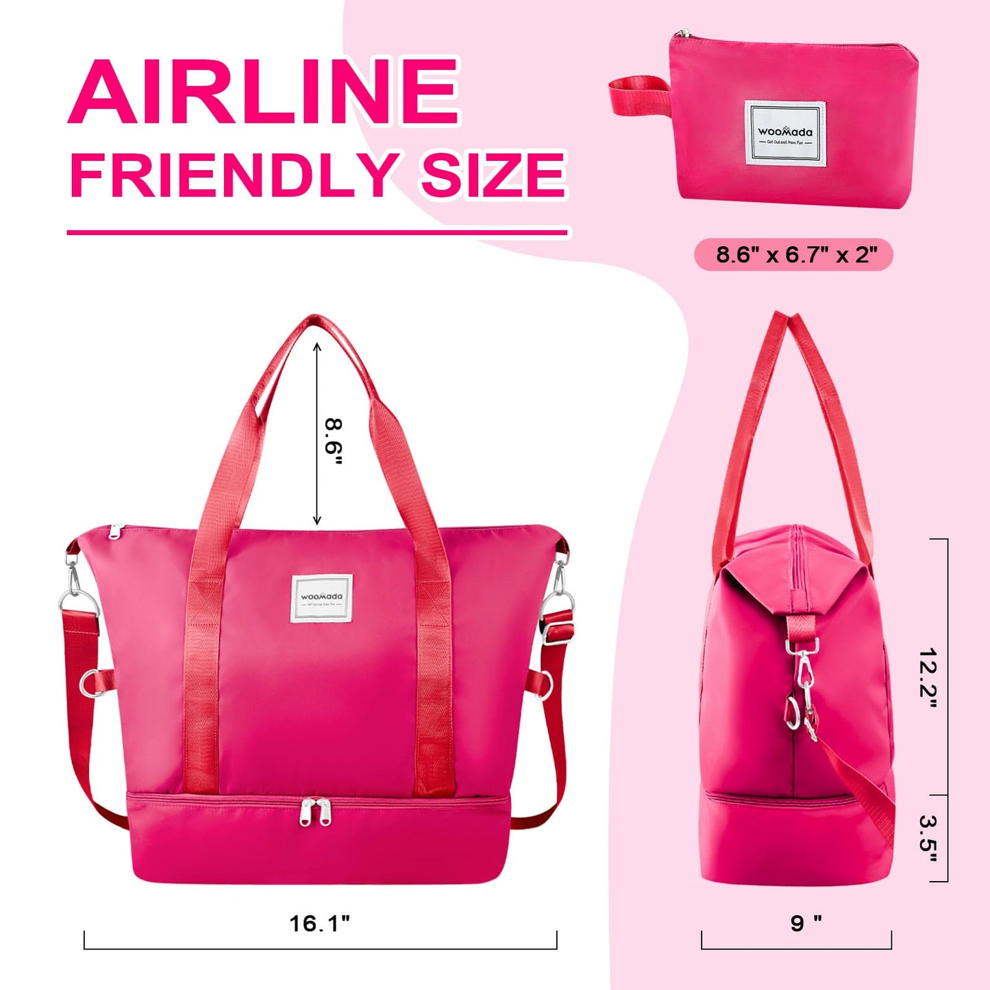 WOOMADA Weekender Bag for Women, Travel Duffel with Shoe Compartment & Wet Pocket, Personal Item & Overnight Bag for Airlines, Sport Gym Tote (Hot Pink)