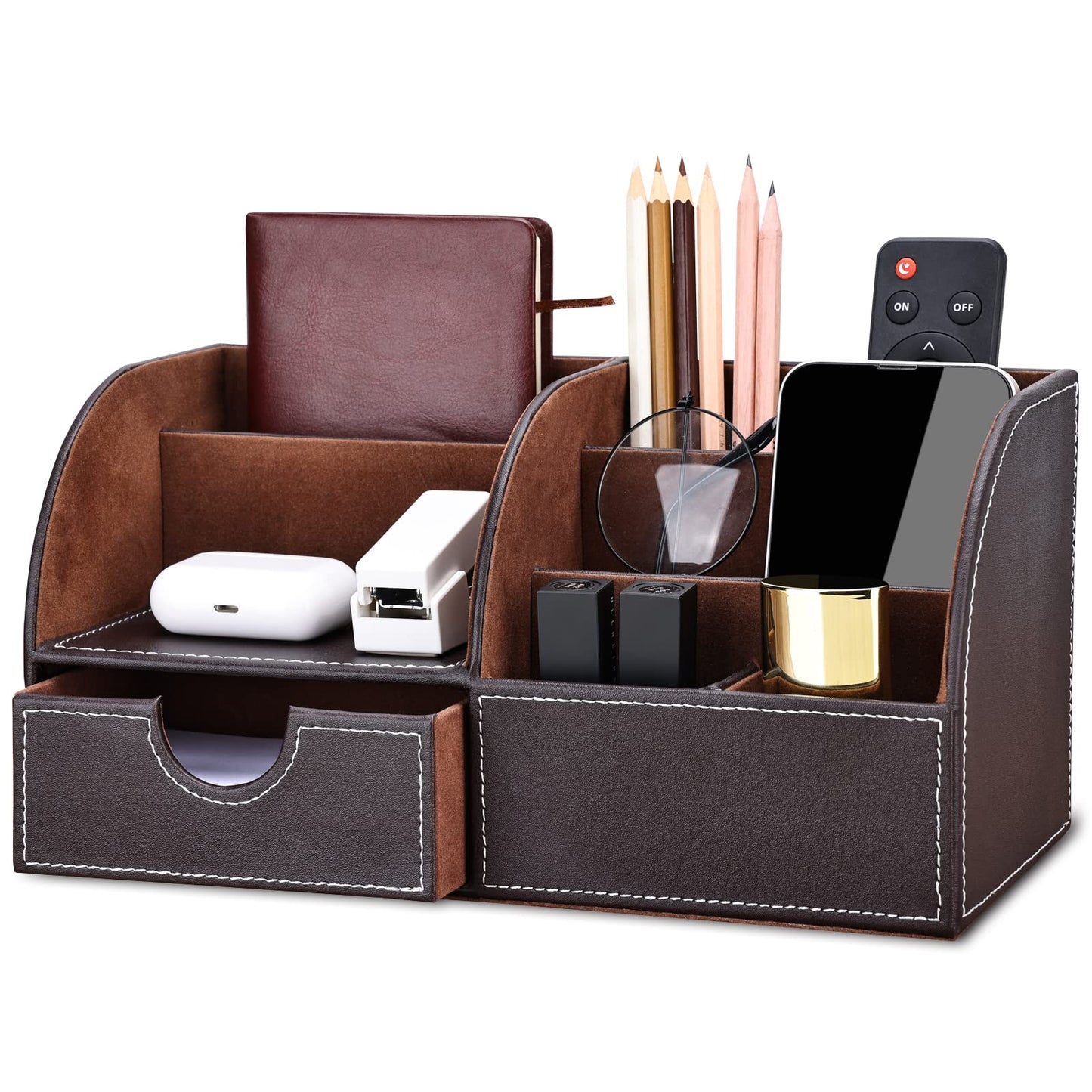 KINGFOM Pu Leather Desk Organizer Pen Pencil Holder Office Supplies Caddy Storage Box 6 Compartments with Drawer Brown