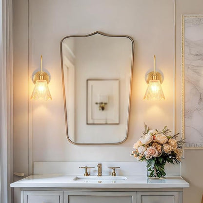 Wall Sconce Set of 2, Gold Vintage Light Fixtures with Long Amber Glass Lampshade, Hardwired Sconces Wall Lighting for Bedroom, Bathroom, Living Room | Includes 2 LED Bulbs