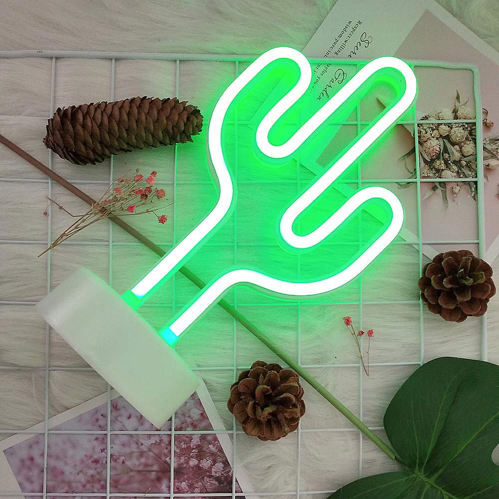 Green Cactus Neon Light Signs LED Cactus Neon Night Lights with Pedestal Room Decor Battery/USB Operation Lamps Neon Signs Light Up Children's Room Bedroom Wedding