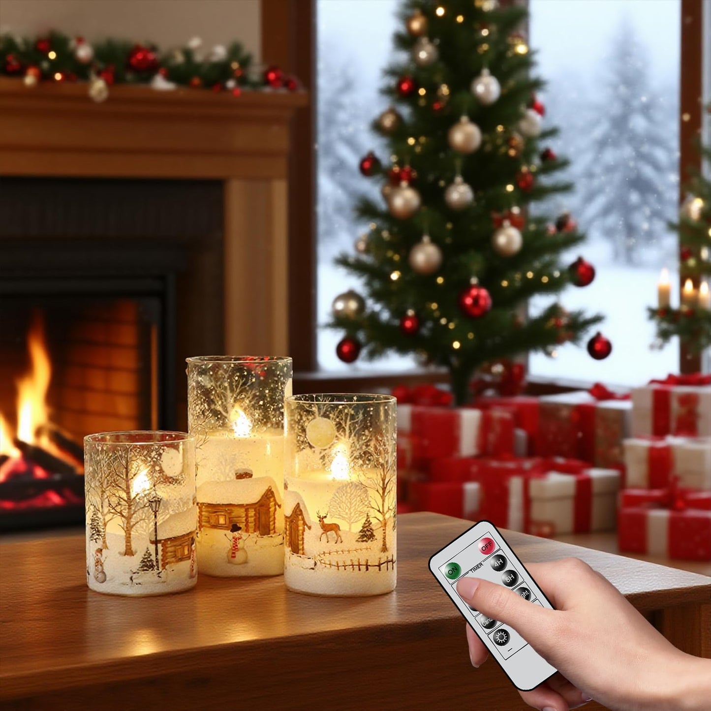 DRomance Snowman Glass Flameless Candles Rechargeable Battery Operated with Remote and Timer Real Wax LED Flickering Pillar Candles White Cold Light Window Christmas Holiday Decor D3 x 4",5",6"