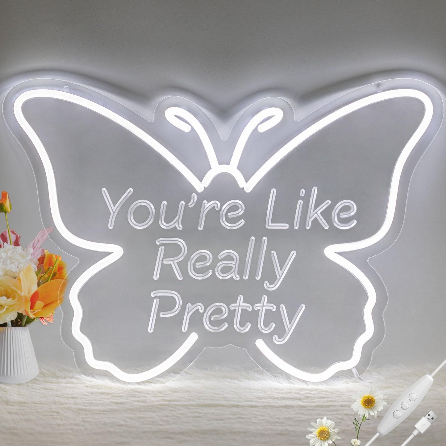 LMHSE You're Like Really Pretty Neon Sign, LED Neon Signs for Wall Decor Dimmable Aesthetic Butterfly Room Decor for Teen Girl, Bedroom, Wedding Decor, Gift for Birthday, Christmas (White)