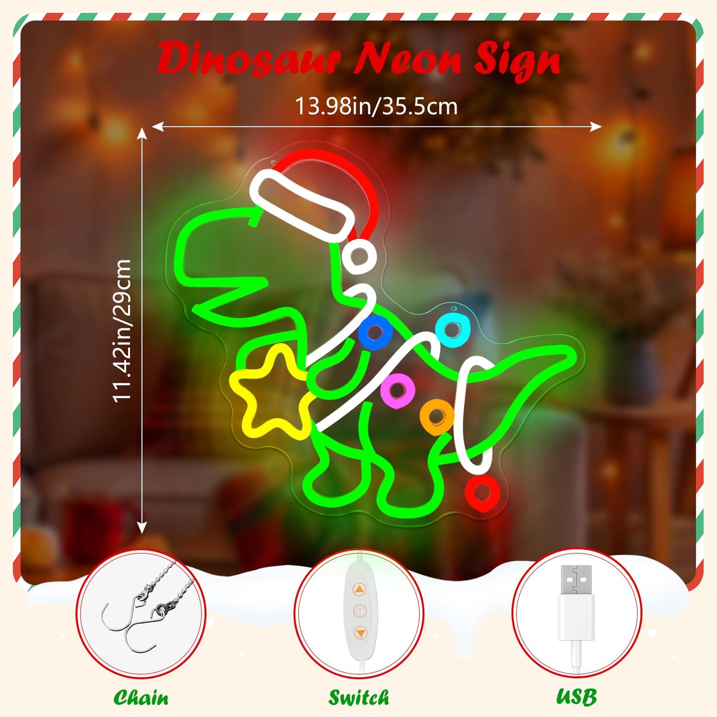 Jeanchrl Christmas Dinosaur Neon Sign Green Dinosaur Ornament LED Sign for Kids Bedroom Dimmable Dino Christmas Light Up Sign for Tree Windows Game Room Unique Neon Wall Art Decorations Gifts for Teens