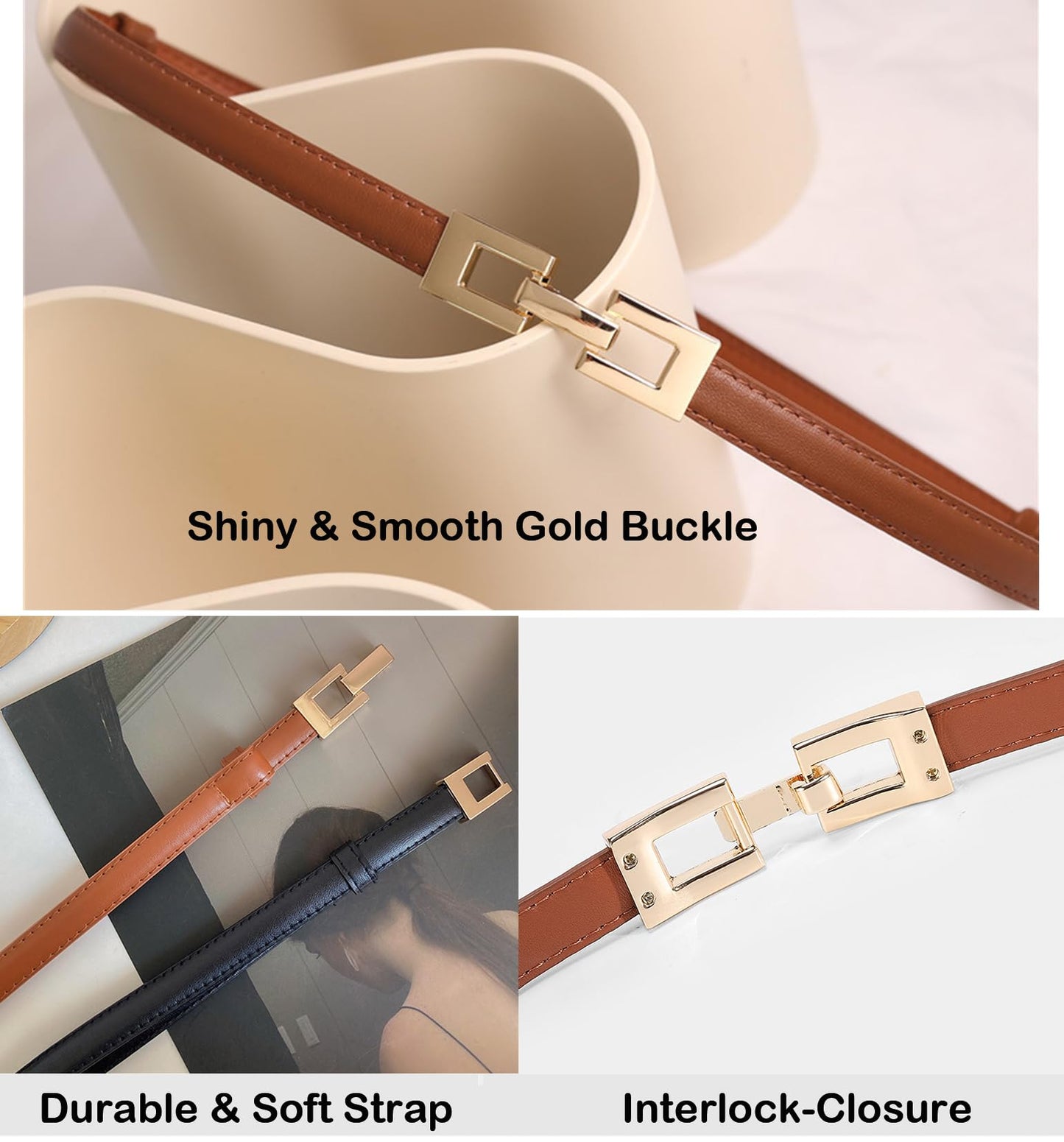 ALAIX 2Pack Skinny Leather Belts for Women Dress Belts Thin Waist Belt with Gold Buckle Adjustable Women's Belt