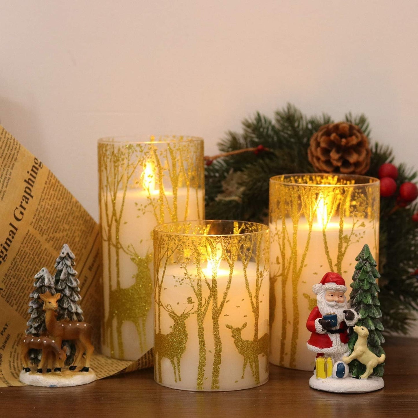 GenSwin Glass Flameless Candles Flickering with Deer Decor and Remote Timers, Battery Operated Moving Wick Led Light, Set of 3 Real Wax Pillar Candles for Christmas Home Decoration