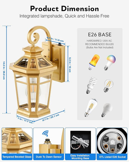Outdoor Wall Lights Wall Mount, 2-Pack Dusk to Dawn Front Porch Light, Gold Modern Exterior Wall Sconce, Exterior Garage Lighting Fixtures, Weather Resistant Coach Lanterns Outdoor, Anti-Rust