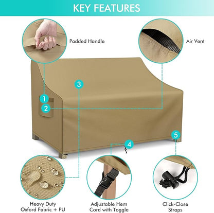 WLEAFJ Patio Sofa Cover Waterproof, 2-Seater Patio Loveseat Cover, Heavy Duty Outdoor Couch Cover, Outdoor Furniture Covers with Air Vent, 60’’ W x 34’’ D x 30’’ H, Khaki