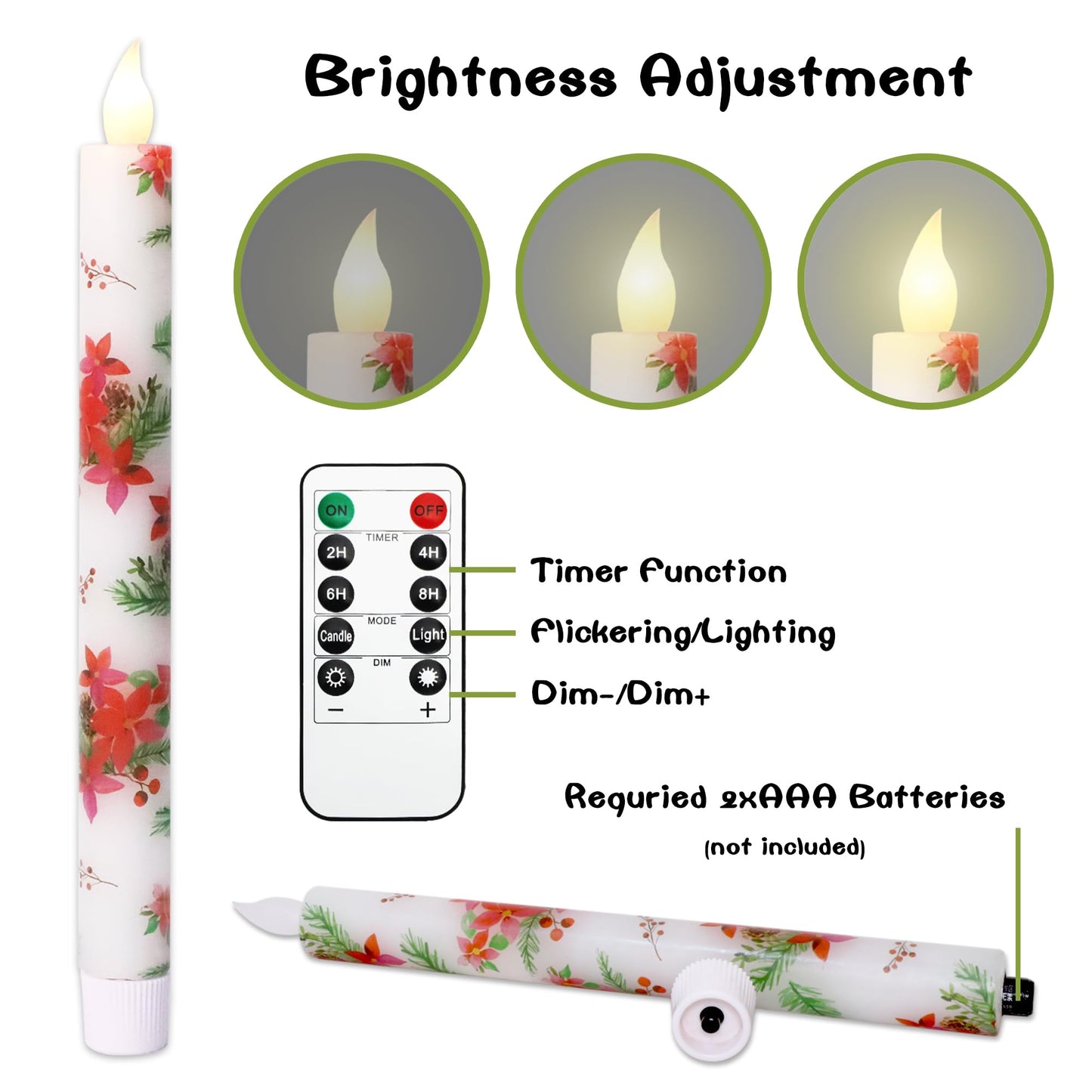 Holitown Christmas Flameless Taper Candles 2 Pack Christmas Poinsettia Flowers Battery Operated Candle with Remote Real Wax Flickering LED Fake Candle Home Decor for Xmas New Year Wedding Party